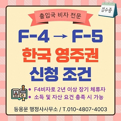 F4비자 영주권 신청 조건 한국 영주권 신청 비용 취득 방법 F56비자
