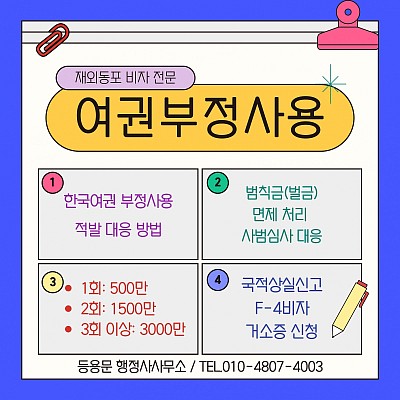 여권부정사용 적발 범칙금 벌금 처벌 국적상실 F4비자 거소증 신청