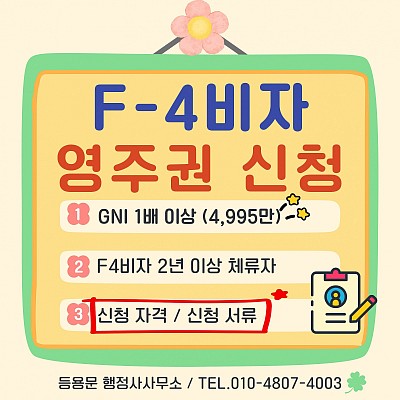F4비자 영주권 신청 조건,신청 방법,심사기간,자격,신청 소득 총정리