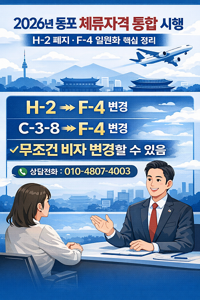 2026년 동포 체류자격 통합, H2비자 F4비자 변경 및 영주권 요건 완화